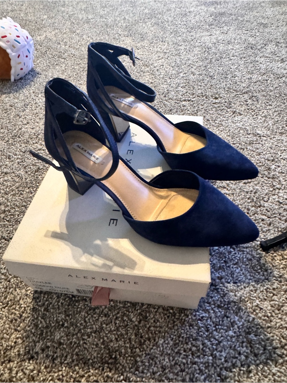 Alex Marie Navy Suede Pointed Toe Ankle Strap Heels